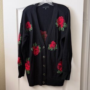 Anthropologie Black Rose-Print Button Cardigan Sweater NWOT